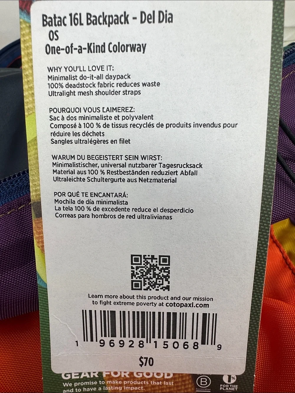 Cotopaxi Batac Del Día 16L Backpack One-of-a-Kind Multicolor Lightweight Daypack